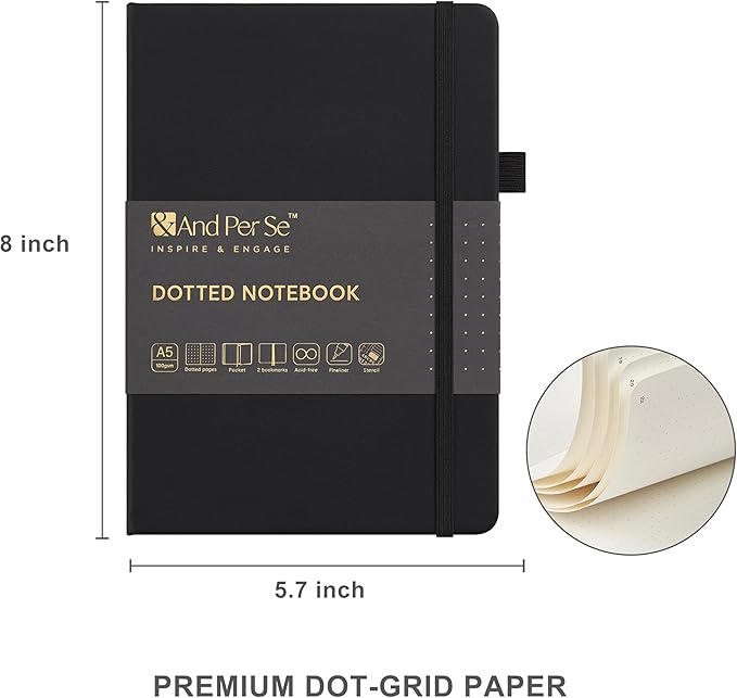 &And Per Se Dotted Journal Supplies – Journaling Kit with Dotted Notebook, Stencils, Stickers, Washi Tape & Colored Pens for Beginners (Black)