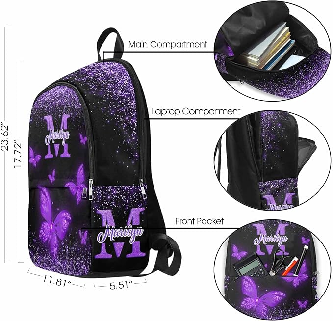 M YESCUSTOM Custom Backpack for Girls, Butterfly Personalized Girls Backpack Customized Kids Bookbag with Name Elementary Middle Back to School Bags Travel Laptop Back Pack Casual Daypacks