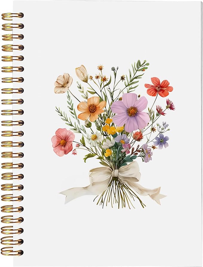 Floral Spiral Notebook, Pretty Wildflower Flower Journal, Cottagecore Floral Aesthetic Journal for Women, Preppy Bow Botanical Colorful Flower Notebook 5.5x8.3 Inch-374