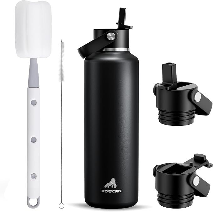 POWCAN 24 oz Slim Insulated Water Bottle with Straw: 2 Lids, Leakproof, Keep Cold 24H, Cupholder Friendly, Cleaning Brush, BPA-Free, Metal Water Bottle for Sport, Travel, School, Gym (Midnight)