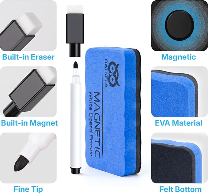 OWLKELA 20 Pcs Colorful Magnetic Erasable Markers for Whiteboard, Dry Erase Markers with Eraser, Low Odor Magnetic Eraser, White Board Markers for Office, Classroom, Home, 8 Color