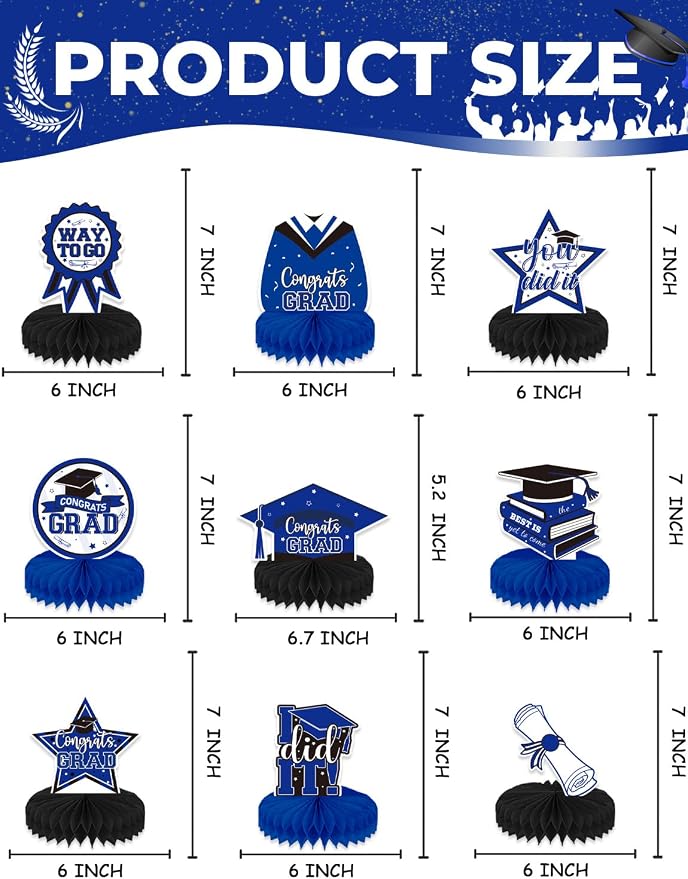 9Pcs Graduation Table Decorations - Blue and Black Graduation Centerpieces for Tables Congrats Grad Honeycomb Centerpieces Congratulate Table Toppers Grad Party Decorations, Class of 2026 Decor
