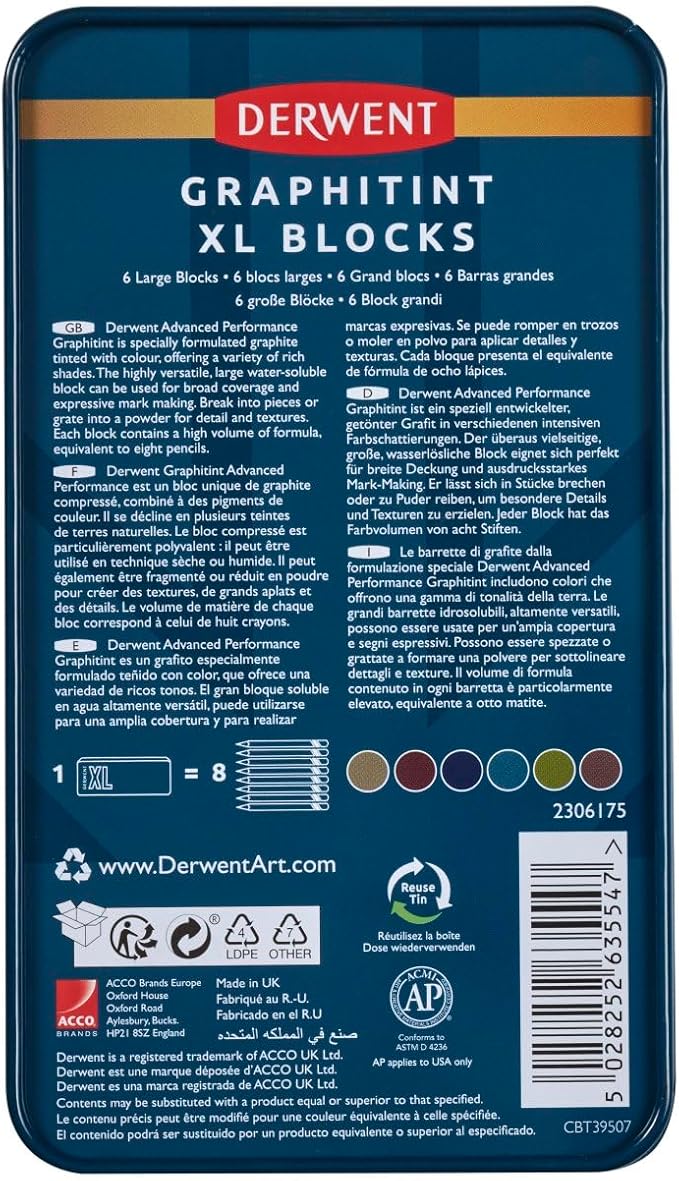 Derwent Graphitint XL Blocks 6 Tin, Set of 6, 60mm Extra-Large Block, Water-soluble, Ideal for Sketching, Drawing and Expressive Mark Making, Professional Quality (2306175)