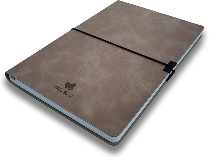 Softcover Bullet Notebook Journal, Dotted/Dot Grid, A5, 5.8x8.3 Inches, Premium Faux Leather, Creamy Thick Paper, Sewn Bound, Elastic Band, Inner Pocket, Pen Loop, Lays Flat, Light Brown