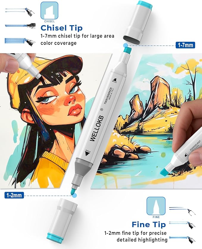 WELLOKB Alcohol Markers, 80 Colors Dual Art Colored Markers for Coloring Book, Painting, Drawing, Alcohol Based with Carrying Case (80, Broad&Fine)