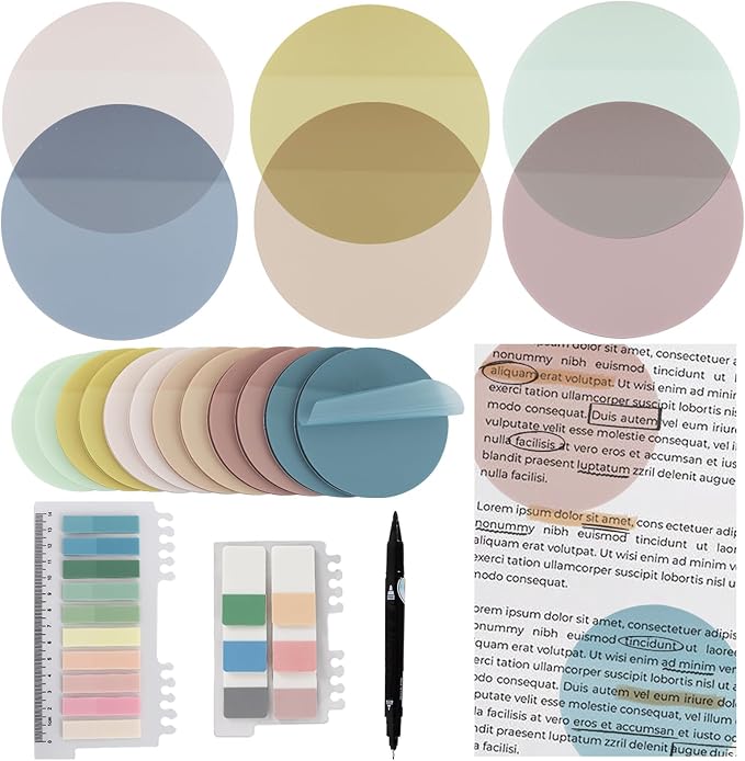 Vuzvuv 920 Sheets Transparent Round Sticky Notes with Pen, Bulk Clear Translucent Sticky Notes Set for Bible Tabs, Book Tabs, Office School Supplies
