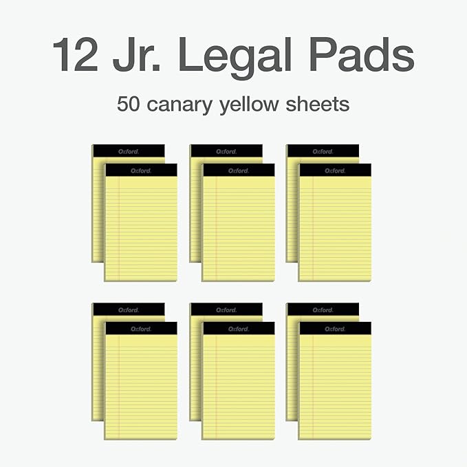 Oxford Premium Legal Pads, 12 Pack, Premium Note Pads, 50 Jr. Legal Ruled 5" x 8" Sheets, Canary Yellow Paper with Firm Back, Small Portable Notepads