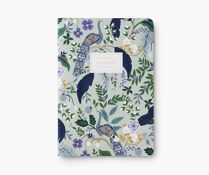 RIFLE PAPER CO. Peacock Stitched Notebook Set, Assorted Set Of 3 Colorful Notebooks, 64 Ruled Pages With Gold Ink, Full Color Canvas Cover With White Text Paper Interior (6" W × 8.5" L)