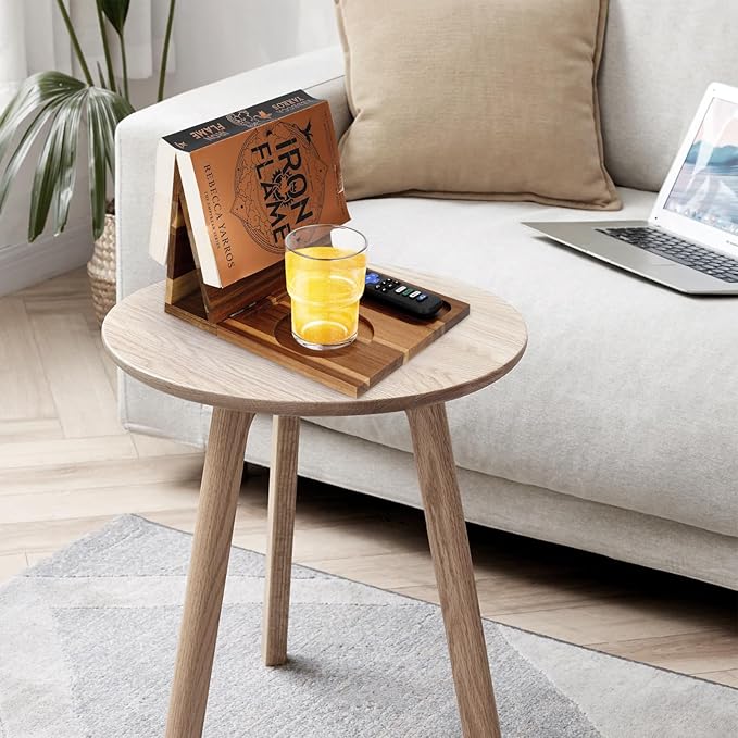 Wooden Book Stand for Reading Rest, Acacia Triangle Book Holder with Cup, Glasses, Pen & Phone Holder, Book Nook Reading Valet for Book Lover Gifts