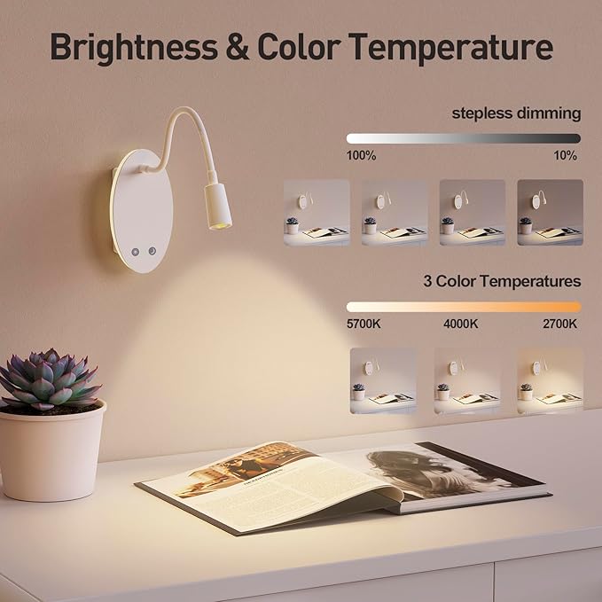 Rechargeable Cordless Reading Light, 360° Adjustable Bedside Lamp, 3 Color Stepless Dimming Night Light, 40H Runtime with Eye-Care, Memory Function, USB Output, Wall-Mounted & Detachable(1pc)