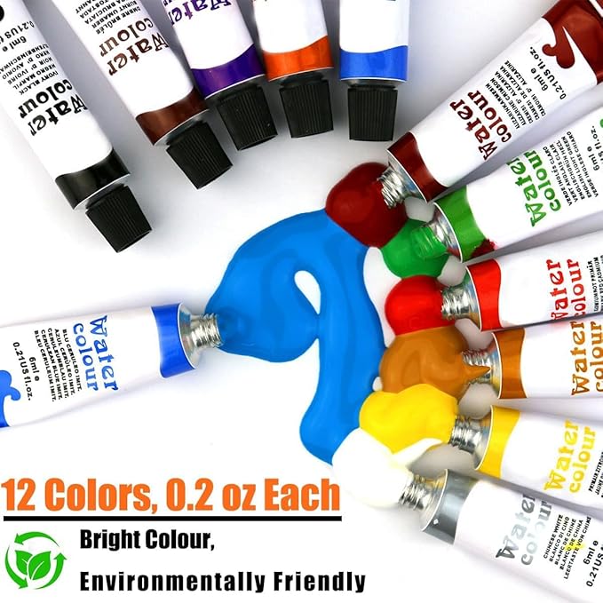 Orbixa Mini Watercolor Palette Paint Set Travel Size - 12 Color Paint with 8-Wooden Grid Palette,Mini Sketchbook & Brushes | Portable Artist Supplies Kit for Students, Beginners, Outdoors Use (yellow)