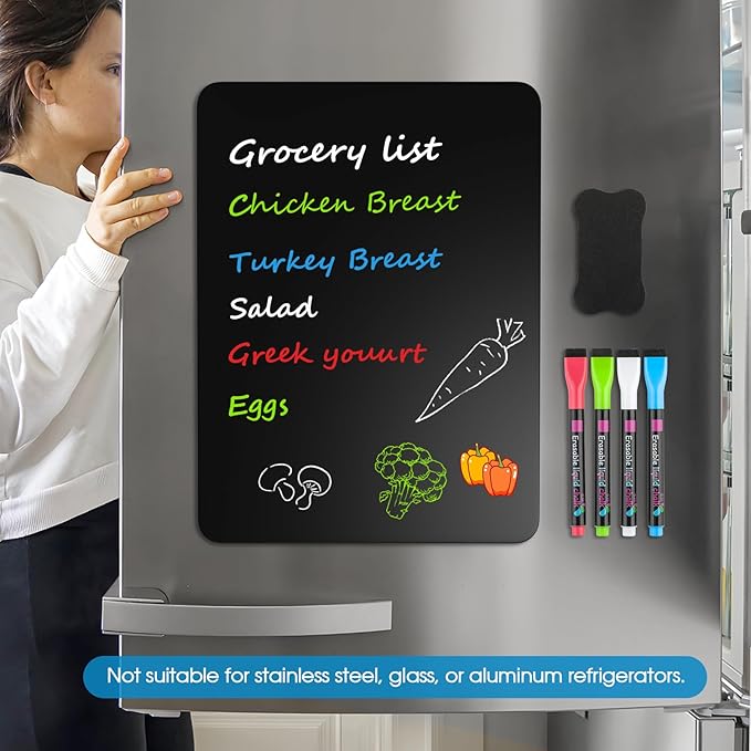 MaxGear Magnetic Black Dry Erase Board Sheet for Refrigerator, 16"x12" Fridge Magnetic Whiteboard for Kitchen, Fridge Shopping List for Family Planner and Grocery List, 4 Chalk Markers, 1 Eraser