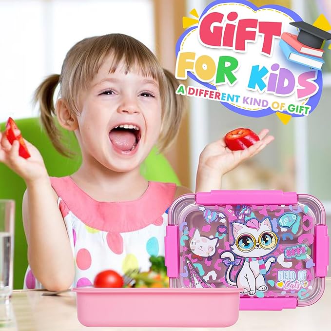 Stainless Steel Bento Lunch Box for Kids, 710ml/23.5oz BPA-Free Leak-Proof Food Containers with 3 Compartments, Back to School Students Daycare Lunches Snack Container Size for Ages 3-7