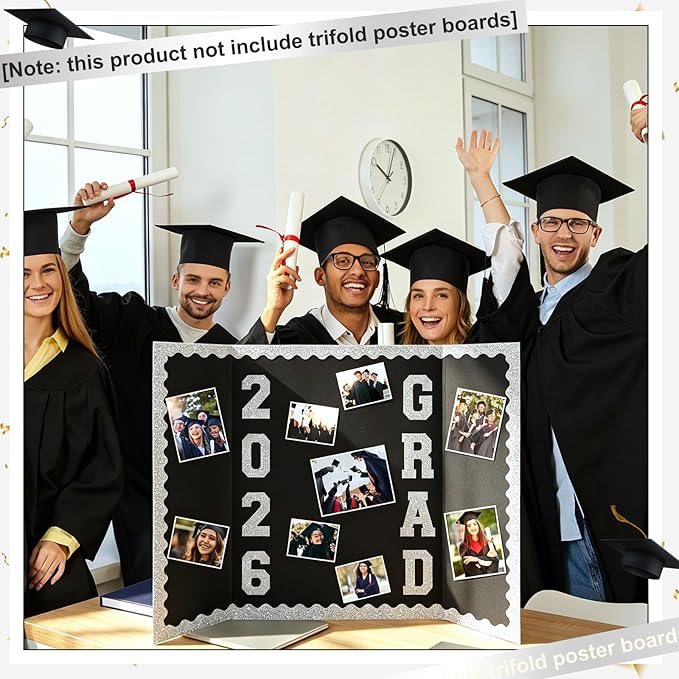 Silver 175 Pcs Graduation Photo Display Board Sticker Glitter Border Trim Alphabet Letter Number for 2026 Grad Party Trifold Poster Photo Display Event Displays Bulletin Board