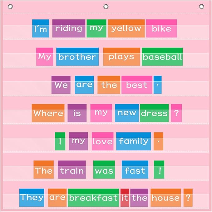 Standard Pocket Chart 28 x 28 Inches Transparent 7 Pocket Charts for Walls Letter Word Cards Sentence Strips School Classroom Supplies Home Back to School Teacher Gifts(Pink)