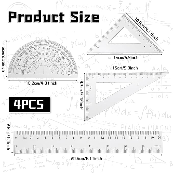4 Pcs Transparent Plastic Ruler Kit, Math Geometry Set with 8 Inch Straight Rulers, Triangular Ruler, Protractor, Clear Measuring Tools for Office and Drafting