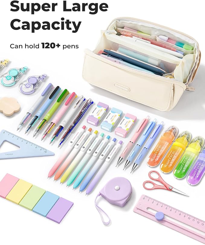 Four Candies Large Pencil Case, 5 Compartments Canvas Pen Organize | Big Capacity Pencil Pouch Bag for School Supplies, Portable Stationery Holder for Teen Girls Boy Men Women(White Plus)