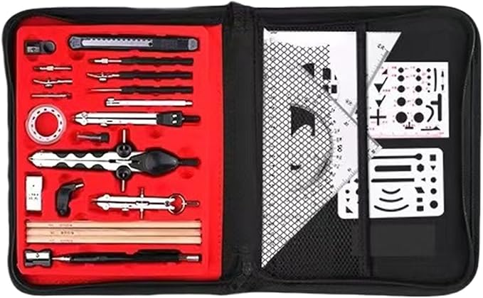 School Geometry Tool Set, Including Metal Geometry Tool, Divider, Set Square, Pencils, Eraser, Sharpener, Storage Bag