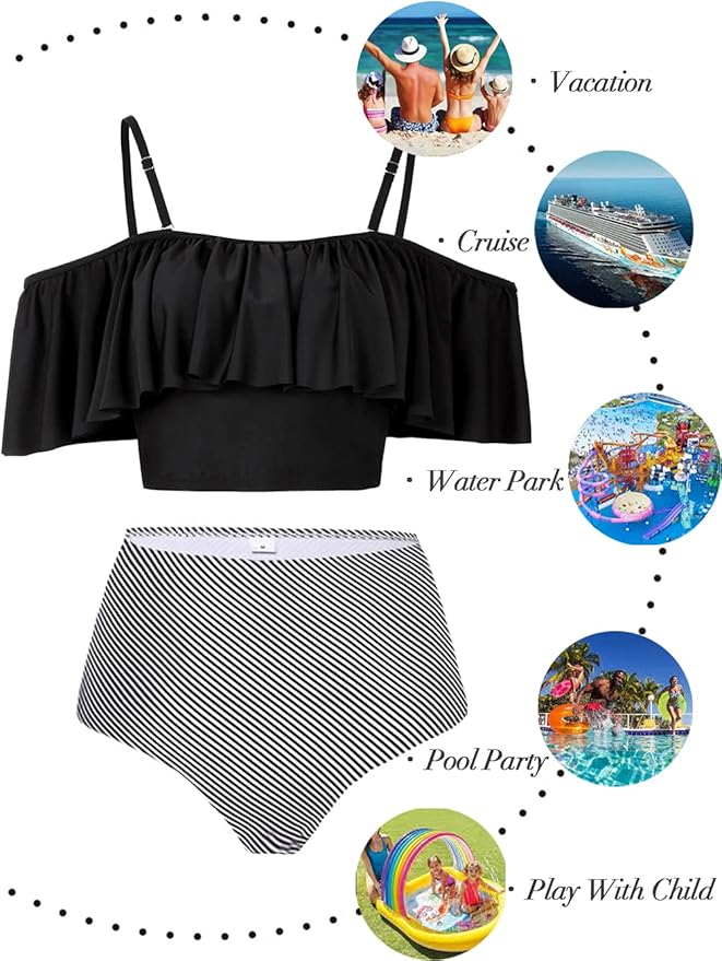 Kaei&Shi High Waisted Flounce Bikini Set,Tummy Control Swimsuits for Women,Off Shoulder