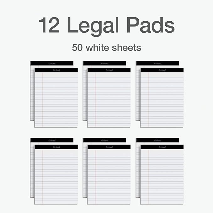 Oxford 8.5 x 11 Inch Legal Pads, 12 Pack, Wide Ruled on Both Sides, White Lined Paper, 50 Perforated Sheets per Pad, Made in the USA (74030)
