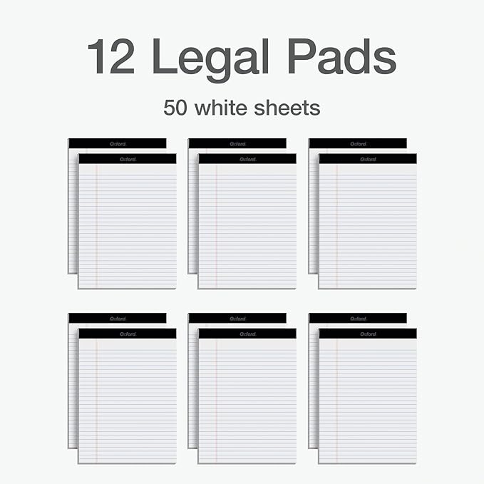 Oxford Legal Pads,Note Pads,50 Legal Ruled 8.5" x 11" Sheets,Bright White Paper with Firm Back,Professional-Legal and Office Notepads,(Pack of 72)