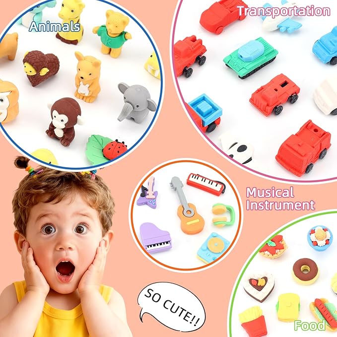 URSKYTOUS 120Pcs Animal Erasers Bulk Cute Food Erasers Desk Pets Kids Puzzle Eraser Take Apart Cool 3D Eraser Mini Fun Party Favors for School Supplies Classroom Rewards Easter Egg Fillers Gifts