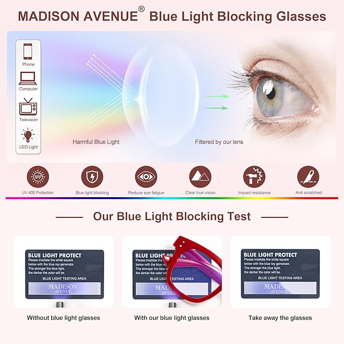 Madison Avenue Blue Light Blocking Glasses Oversized Fashion Blue Light Glasses for Women Anti Eyestrain & UV Protection Computer Eyeglasses (Red)