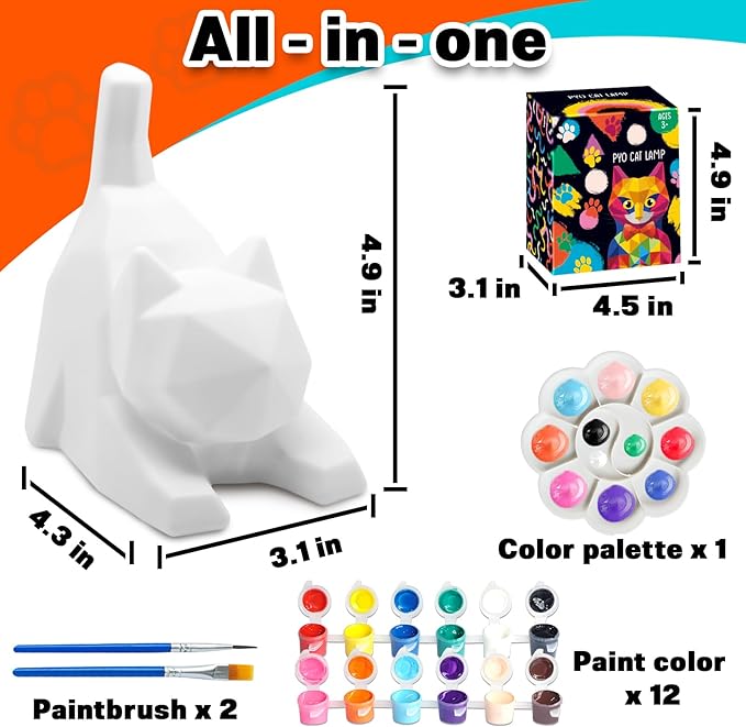FUNZBO 4.3in Paint Your Own Cat Lamp Kit - Arts and Crafts Supplies Painting for Kids Teens, DIY Night Light Toy for Girls Boys Age 3 4 5 6 7 8 9 10 11 12 13 Birthday Gifts
