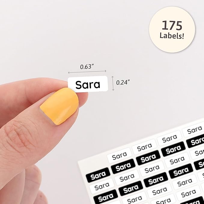 Mini Name Labels (175) - Custom Personalized Name Labels for Labeling Tiny Items, Washer and Dryer-Safe Waterproof Labels for Daycare, Preschool, and School - Black and White