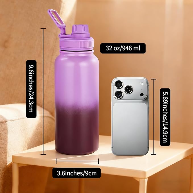 Gulex Motivational Water Bottle 32oz with Time Marker- Leakproof & BPA Free Sports Water Bottle with Straw & Carry Strap for Gym, Travel and Outdoor Sports (Stainless steel insulation-Purple)