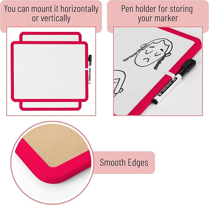 Mr. Pen- Dry Erase Board, 14” x 11” with a Black Dry Erase Marker, Red Frame, Small Mini White Board for Students, Fridge, Wall, Locker, Includes Double Sided Tapes