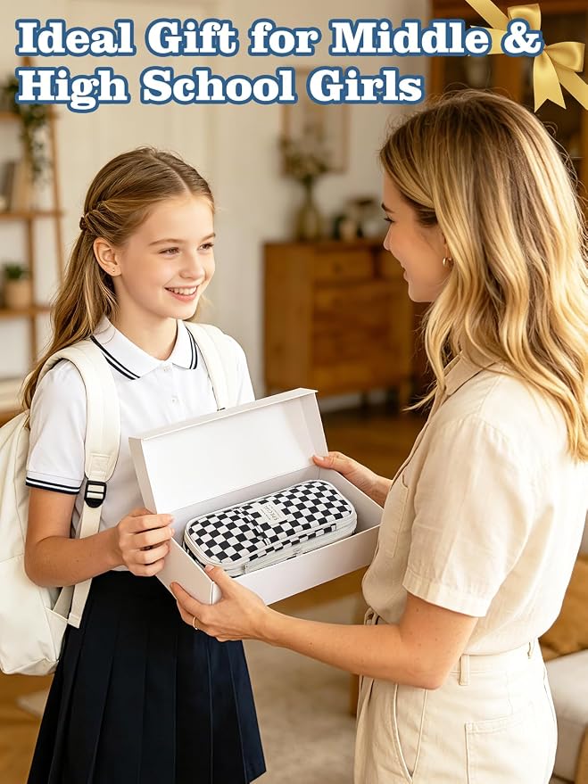 Bigmeta Gingham Expandable Pencil Case for Teens Girls - Black | Zipper Gusset for Adjustable Capacity, Checkered Cute Pencil Pouch, Stationery Bag Box for Student Back to School Gifts