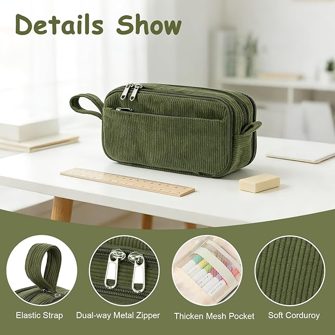 BuyCard Large Capacity Corduroy Pencil Case, Green Zipper Pouch, Aesthetic Pen Pouch, Supplies Organizer for Teen Girls Boys Women Men,Teacher Appreciation Gifts, Mothers Day Gift