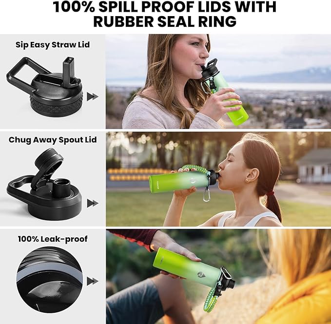 RAYMYLO Insulated Water Bottle 24oz, Triple Wall Vacuum Stainless Steel (Cold for 24Hrs, Hot for 12Hrs), Leak Proof & Non-BPA, 24oz Hydro Water Flask with Paracord Handle & Straw Spout Lids