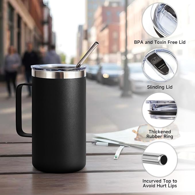 Volhoply 22oz Insulated Stainless Steel Coffee Mugs with Leakproof Lid Bulk 2 Pack,Double Wall Vacuum Travel Coffee Cup with Handle,Reusable Metal Tumbler,Camping Mug Keep Hot&Cold(Black,2)