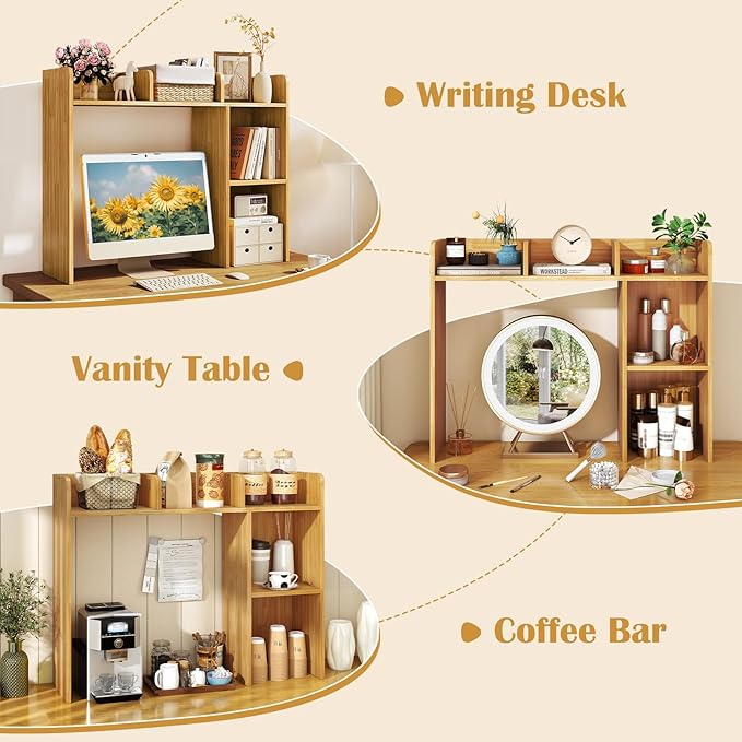 Giantex Desktop Bookshelf, Wood Desk Hutch Organizer for 27 Inch Computer Monitor, Countertop Storage Display Rack with 5 Shelves, Multipurpose Desktop Shelf Bookcase for Dorm Office Home (Burlywood)