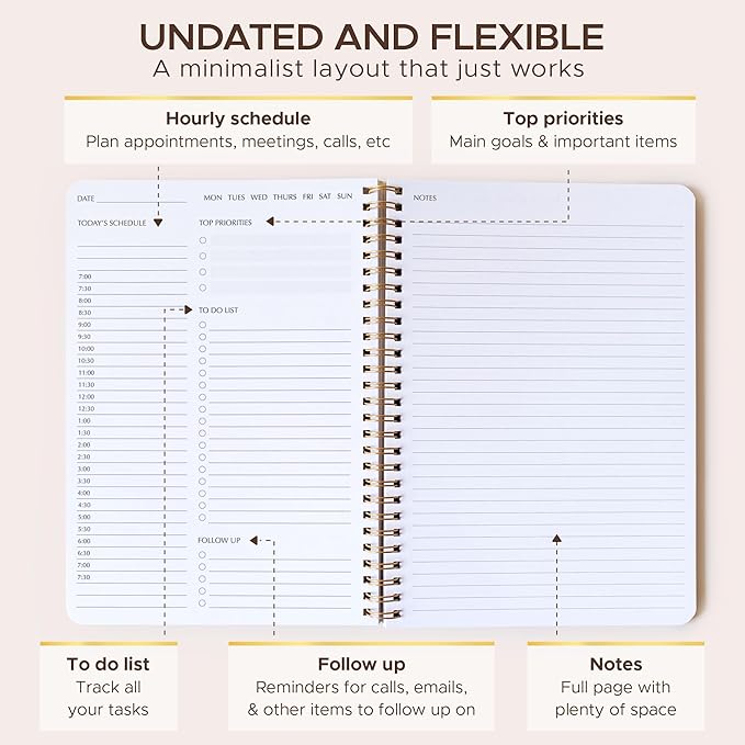 Simple Daily Planner Undated with Hourly Schedule - 6.5x9.25" Sage Green Day Planner & Spiral To Do List Notebook - Aesthetic and Cute Work Journal, Task Organizer Notepad and Productivity Planners