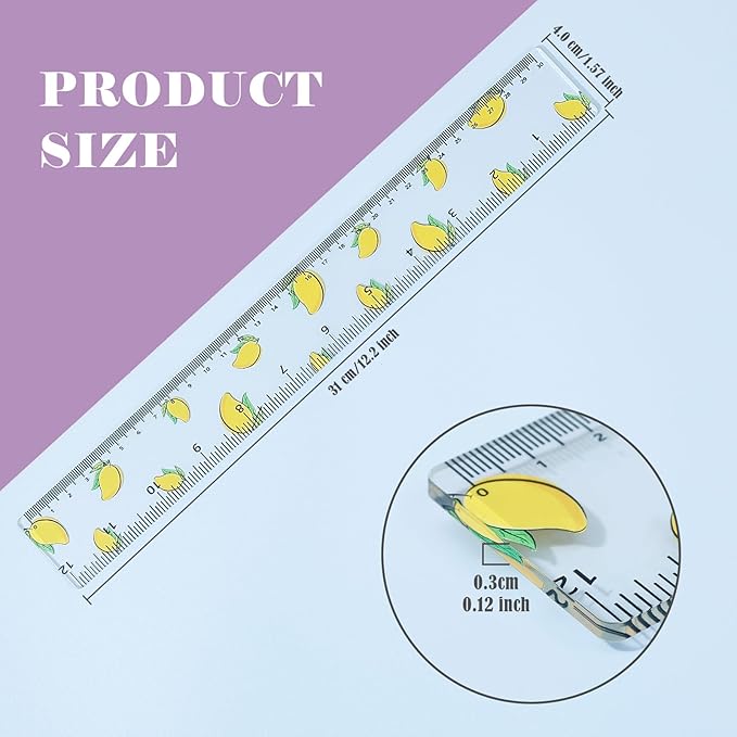 BAYTORY 4Pcs Transparent Acrylic Ruler 12 Inch, Clear Plastic Straight Rulers, Shatterproof Student Stationery Centimeters with Inches, for Classroom Essentials School Supplies (Fruit 12 Inch)