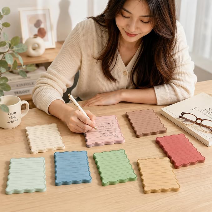 Whaline 8Pcs Stripe Scalloped Sticky Notes 4 x 6 Inch Neutral Color Striped Self Adhesive Lined Notepad Removable Memo Pad for Classroom Office Home School Party Supplies
