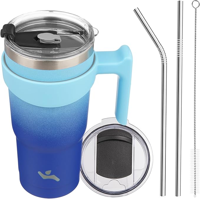 Konokyo 20 oz Tumbler with Handle and 2 Straw 2 Lid, Insulated Water Bottle Stainless Steel Vacuum Cup Reusable Travel Mug,Sky