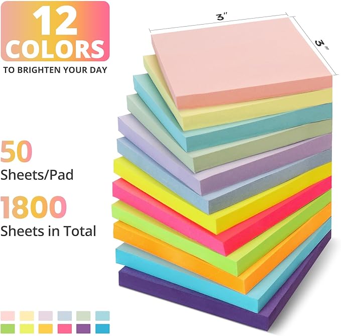 Sticky Notes, 36 Pads, 3x3 Inches Self-Stick Note Pads, Perfect for Office, Study, and Daily Life Organization - Bright