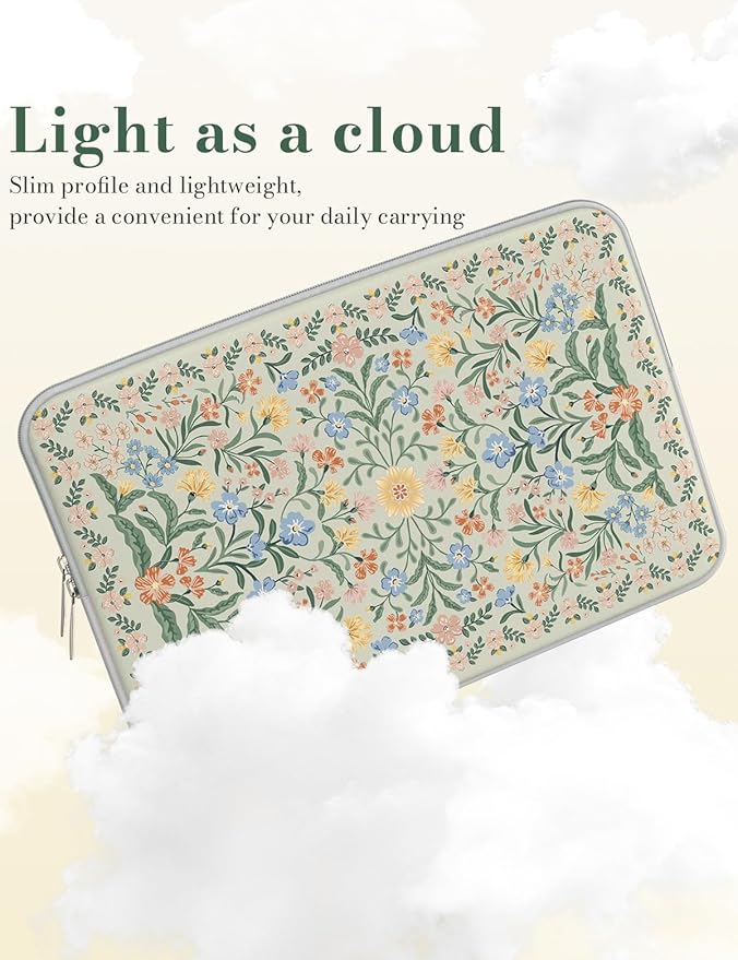 iCasso Laptop Sleeve 13 inch for MacBook Air 13-13.6 inch, Vintage MacBook Neo/Pro 13 inch case, Slim Protective Travel Carrying Case for MacBook Pro 14 inch, Chromebook, HP, Green Boho Floral