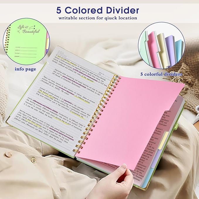 Hardcover Spiral Notebooks for Work, 5 Subject Notebook College Ruled with Dividers Tabs, Lined Organizer Notebook Journal for Women, 240 Pages Small A5 Notebooks for School Note Taking, 5x7 Purple