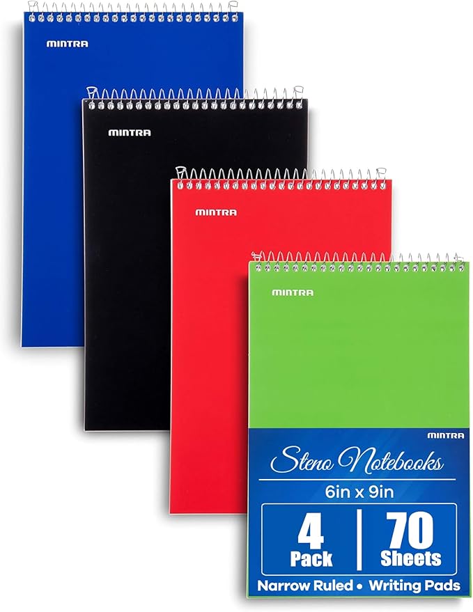 Mintra Office Steno Books Set - Top-Spiral Bound, Narrow Ruled, 70 White Sheets, Poly Primary Color Covered Notebooks for Office, Professional, School & Work, Note-taking, Writing Pads, 6"x9", 4 Pack
