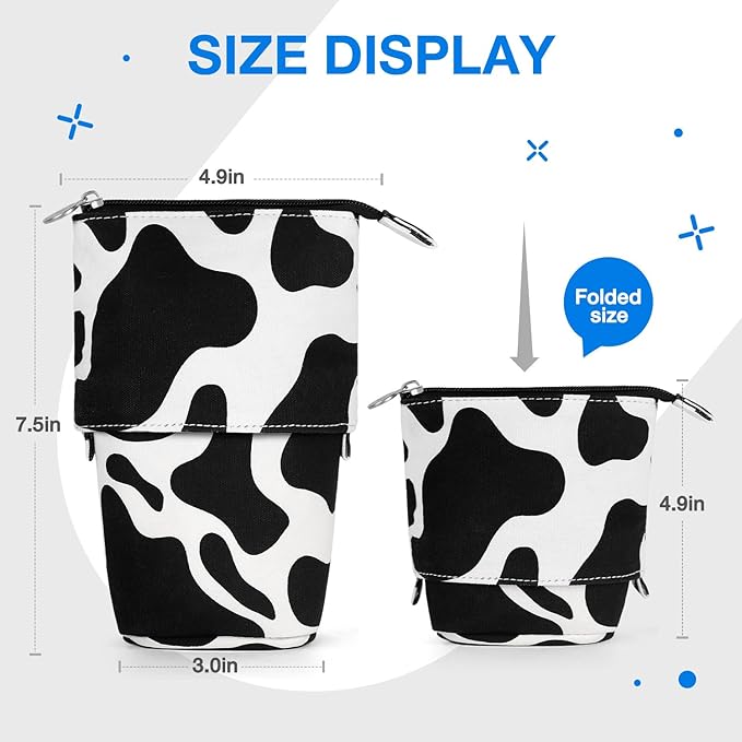 Cute Standing Pencil Case for Kids, Pop Up Pencil Box Makeup Pouch, Christmas Gift Kids Canvas Pen Holder Organizer Cosmetics Bag, Kawaii Stationary (Cow Print)