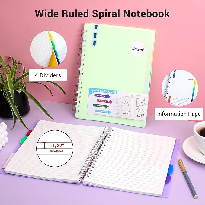 FLYING EAGLE Hardcover Spiral Notebooks 7" X 10" Note Taking 5 Subject Notebook Wide Ruled with Dividers, 204 Pages Lined Spiral Journal Notebook for Work Writing, Green B5