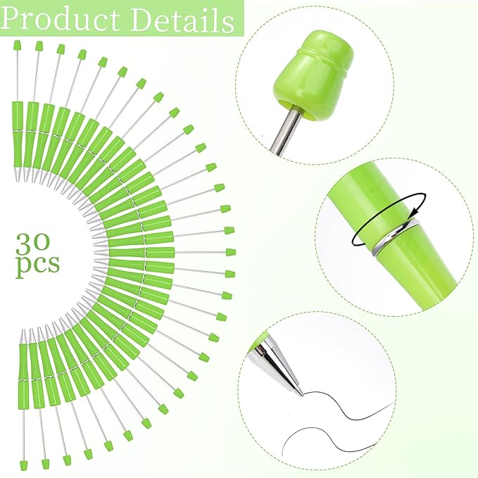 jiebor 30Pcs Beadable Pens Plastic Bead Ballpoint DIY Cute Cool Pens Black Ink for Women Men Bridal Graduation Gift Office Supplies Bright Green