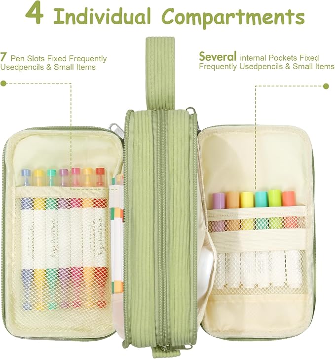 BuyCard Sage green Large Capacity Corduroy Pencil Case, Zipper Pouch, Casual Style, Supplies Organizer for Teen Girls, Boys, Women and Men