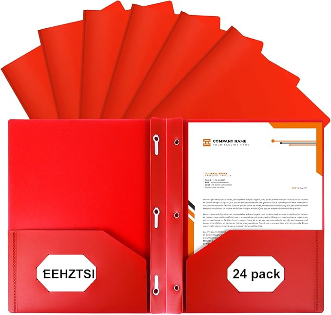 24-Pack Plastic Folders with Pockets and Prongs,2-Pocket Folders with 3 Fasteners, Holds 8-1/2" x 11" Paper for School/Office/Home, Red