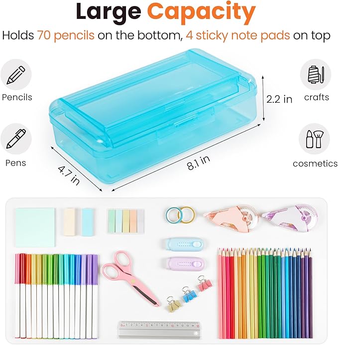 Sooez Double Layer Pencil Box, Large Hard Pencil Case Organizer, Clear Plastic Crayon Box for Girls and Boys, Colored Marker Organizer, Small Plastic Containers/Bins with Lids, Art Supply Storage
